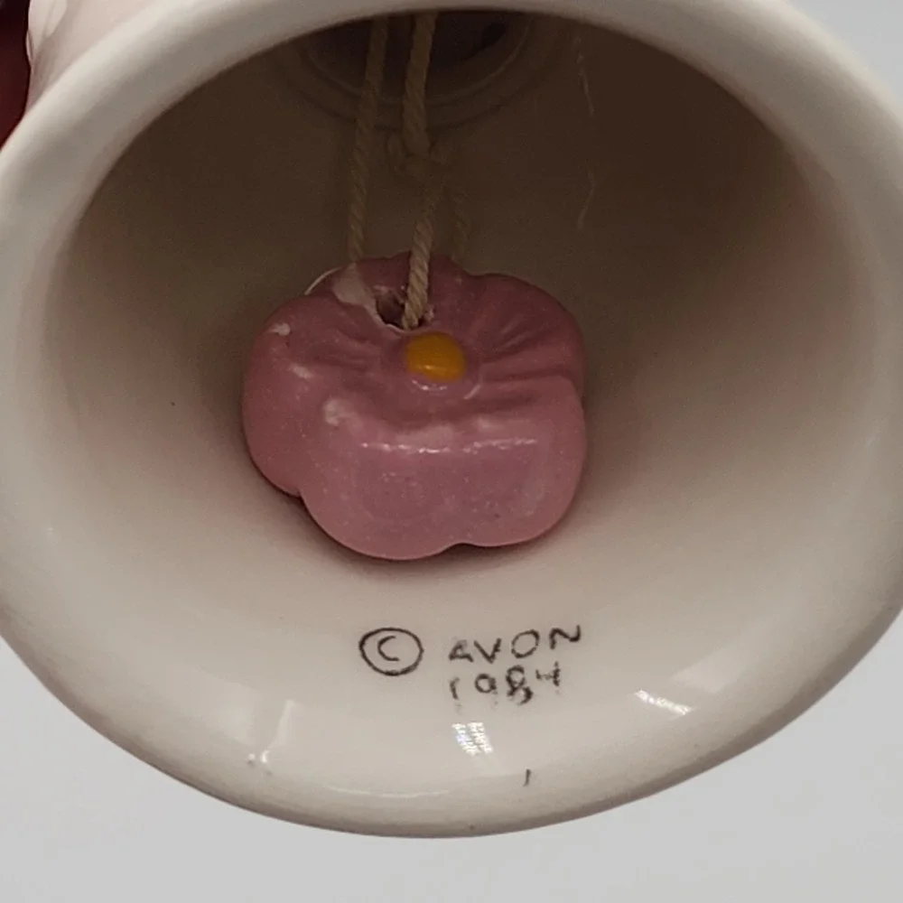 Vintage Avon Bunny Rabbit Bell Ceramic White w/Pink Flowers Weiss Brazil 1984